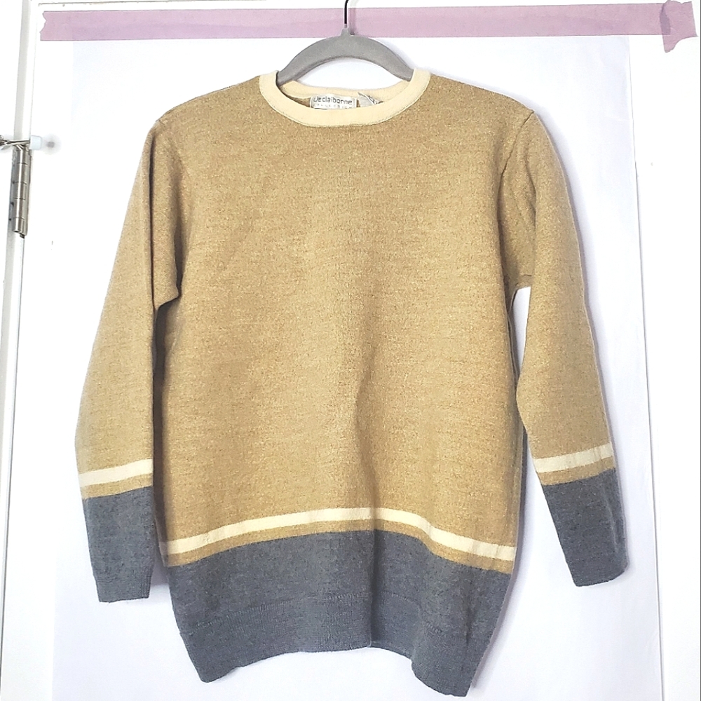 Merino Wool Womens Sweater Liz Claiborne Collection Small Tan W/ Stripes Mended
